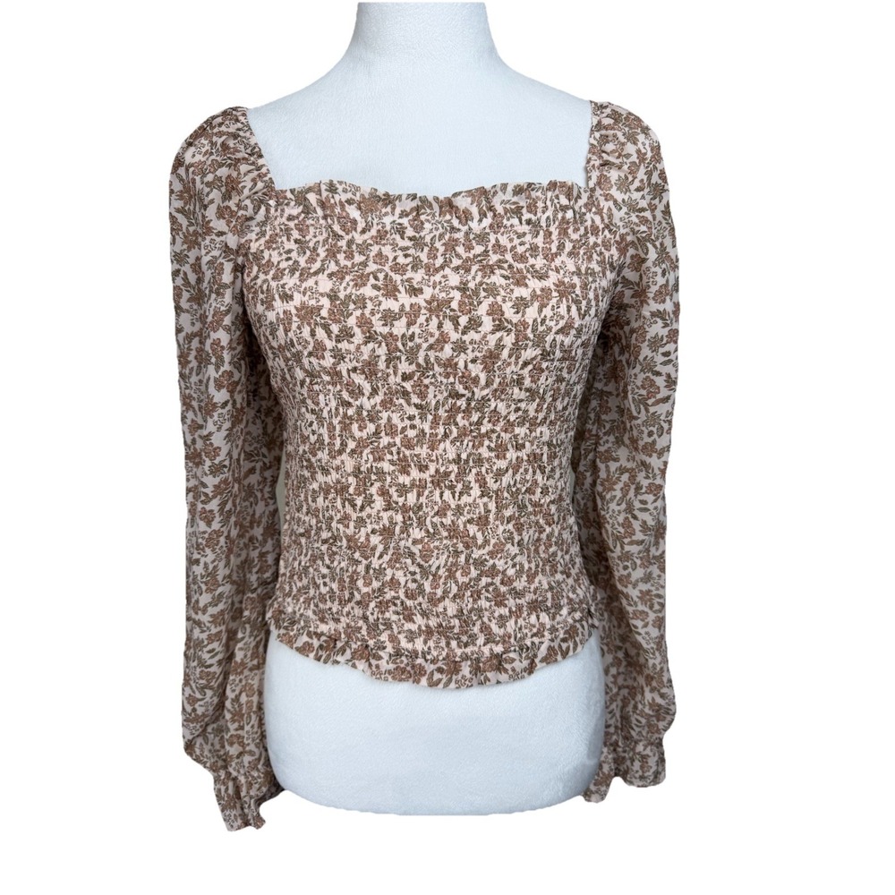 Japna Women Smocked Floral Blouse L Pinkโ Brown Square Neck Balloon Sleeve Top